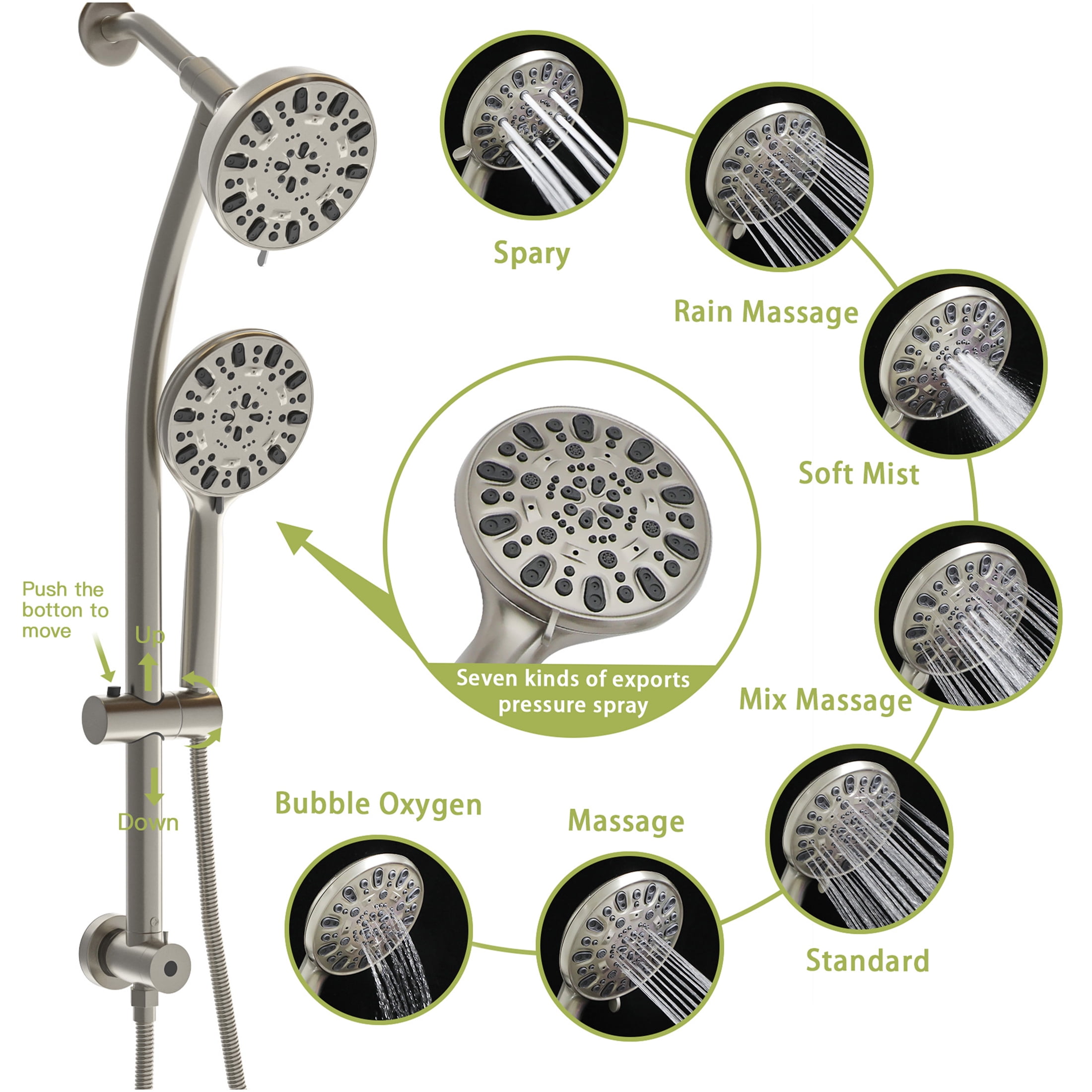 JERFIT Dual Shower Head System with 7-Spray Handheld Shower, Adjustable Slide Bar, 4.7" Rain Showerhead, Brushed Nickel Finish