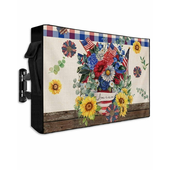 4th of July Outdoor TV Cover 70 to 75 Inch Weatherproof, Independence Day Sunflower Vintage 600D Oxford TV Covers with Waterproof Zipper, Outside Flat TV Screen Protector Size 68"W x 42"H x 4.5"D