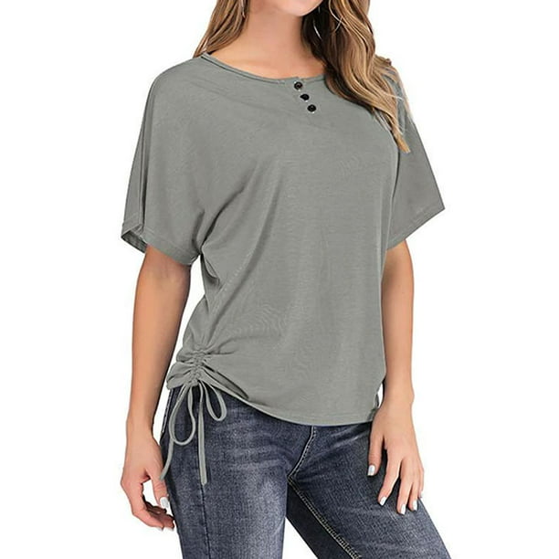 Hubery - Women Solid Color Short Sleeve Side Drawstring T-shirt ...