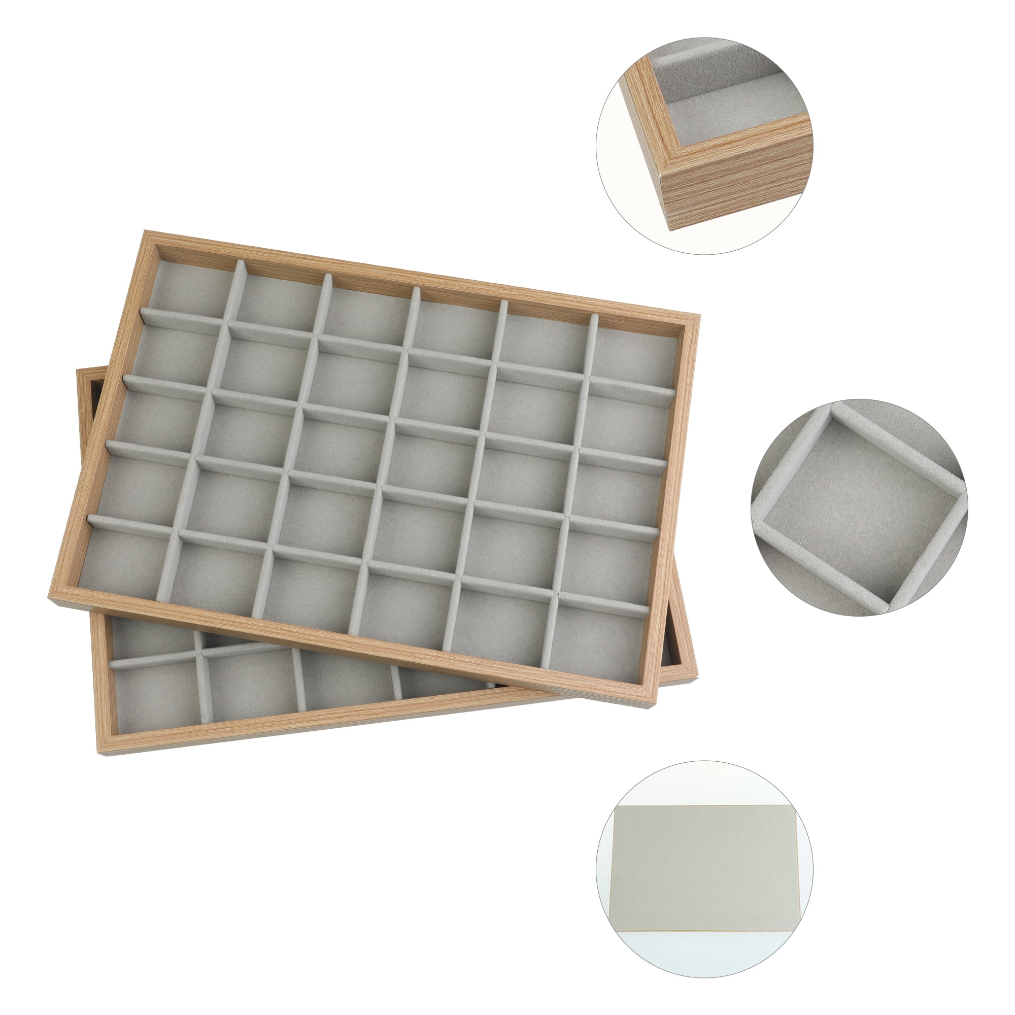 Unique Bargains Set of 2 Wood Jewelry Trays for Drawers Stackable Girls' Jewelry Organizer Light Brown-30 Grid Tray