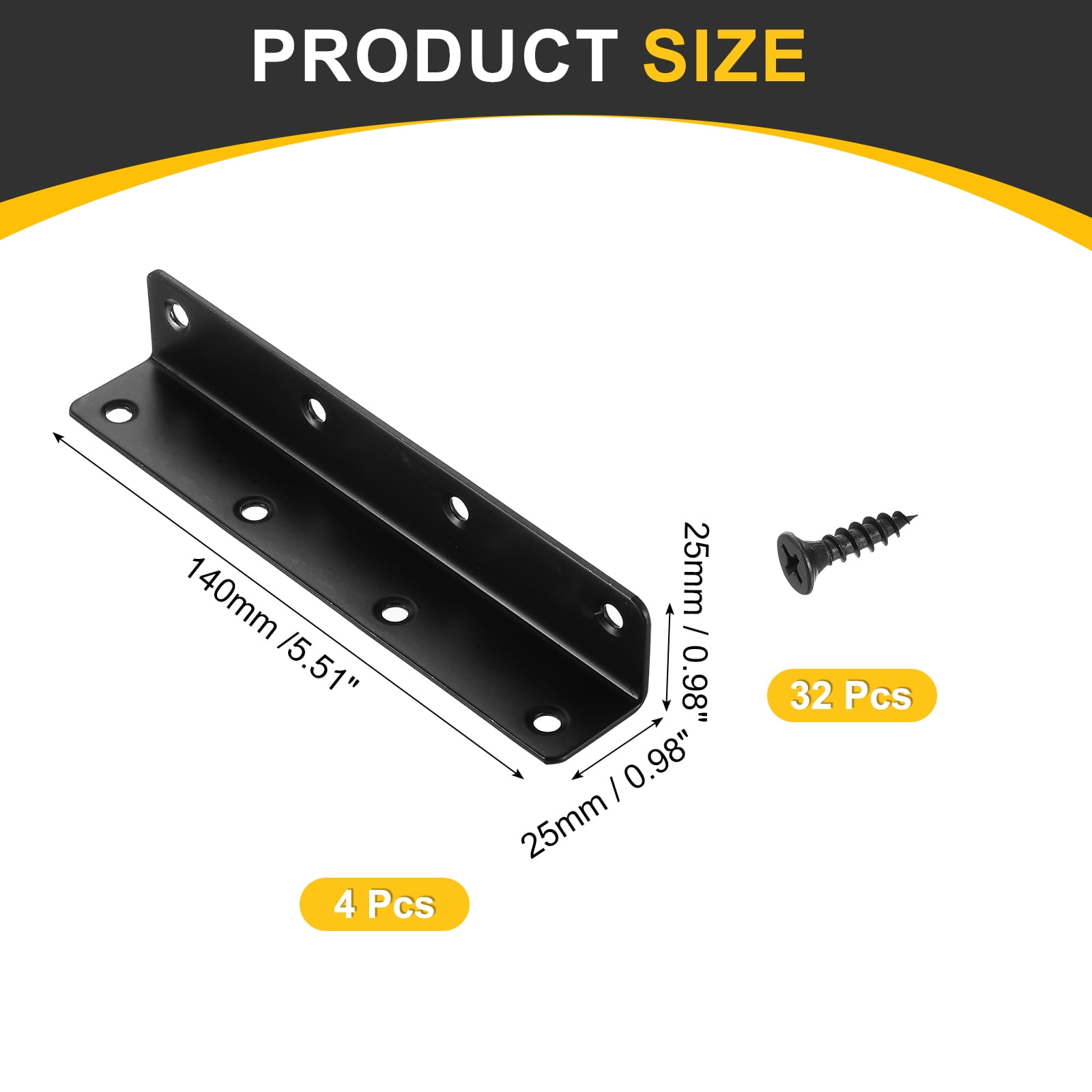 4Pcs L-Shaped Brackets Corner Brace, 0.98"x0.98"x5.51" Corner Bracket Shelf Bracket Right Angle Brackets for Wood Shelves Furniture (25x25x140mm, Black)
