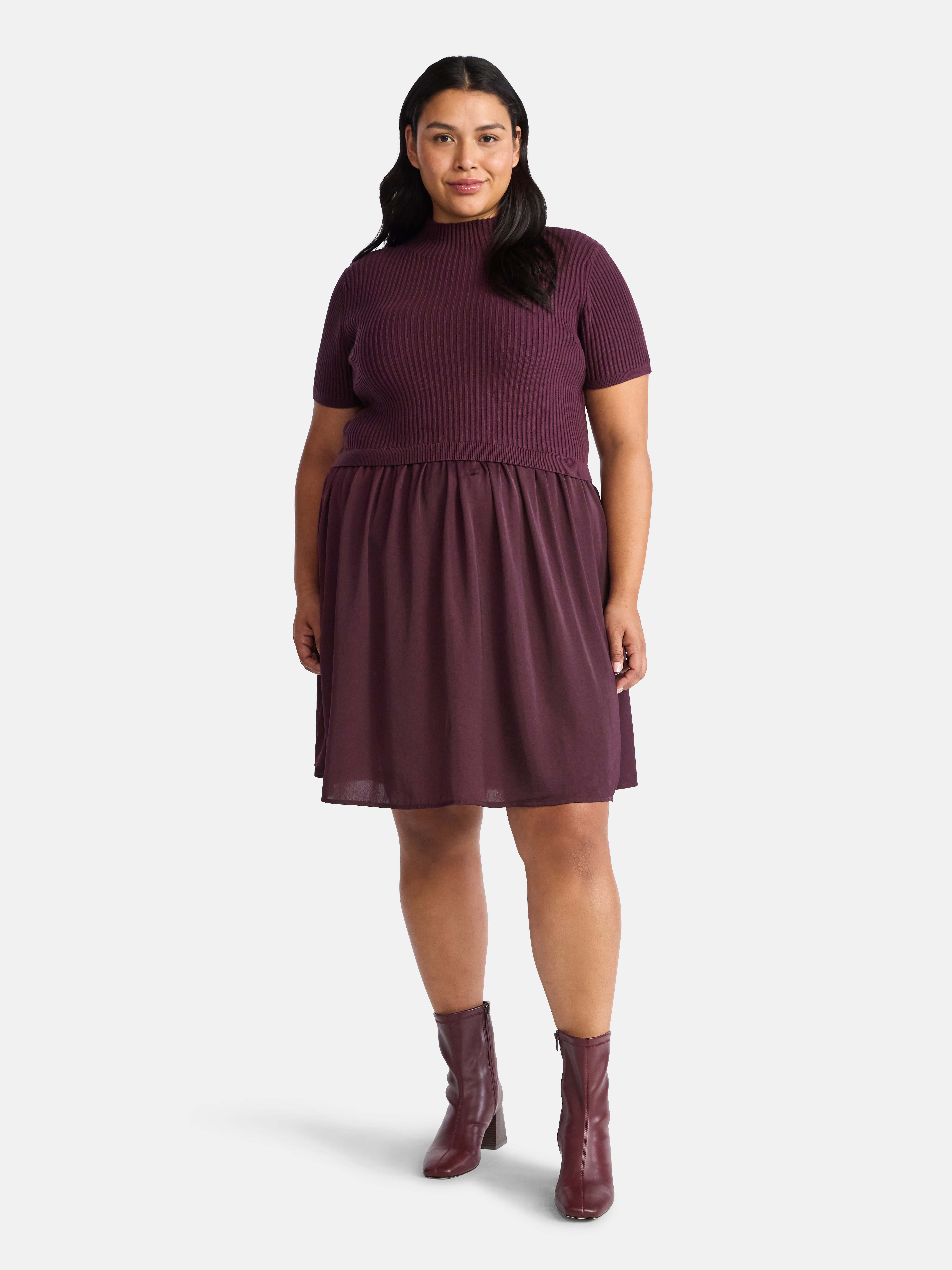 Terra & Sky Women's Plus Short Sleeve Mini Mixed Media Dress, Sizes 0X-5X