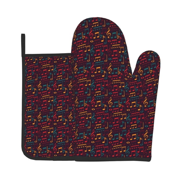 Xecao Music Pattern Oven Mitts and Pot Holders Sets Heat Resistant Silicone Oven Mittens Extra Thicken Long Kitchen Cotton Oven Glove for Cooking