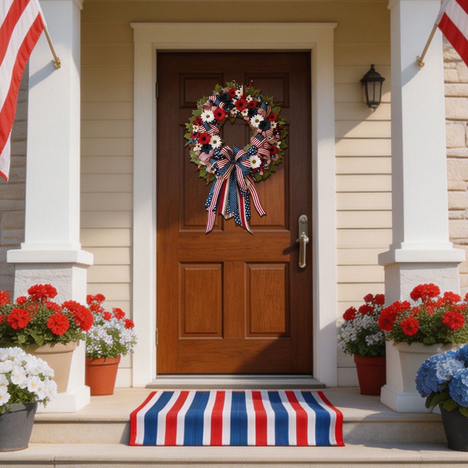 Leutsin Patriotic Wreath for Front Door, Red White Blue Floral American Flag Wreath with Ribbon Bow, 4th of July Wreath for Independence Day 250th Anniversary Home Wall Window Porch Decor