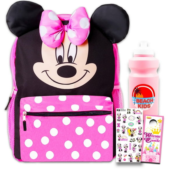 Minnie Mouse School Backpack Set - 16"" Minnie Backpack Minnie Stickers Water Bottle More | Minnie Mouse School Supplies for Kids Bundle