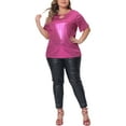 thumbnail image 2 of Plus Size Metallic Top for Women Keyhole Round Neck Short Sleeve t Shirt Party Blouses Tee Top 3X Hot Pink, 2 of 6