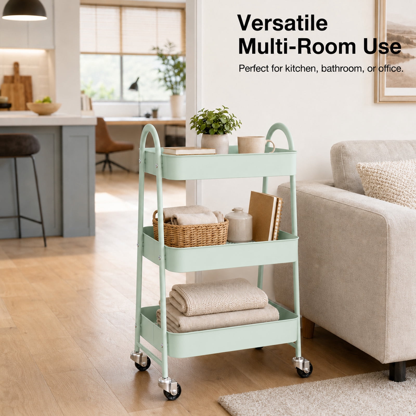 Alvantor 3-Tier Rolling Cart, Metal Rolling Utility Cart with Lockable Wheels, Multi-Functional Heavy Duty Storage Cart Organizer for Bathroom, Kitchen, Living Room, Office