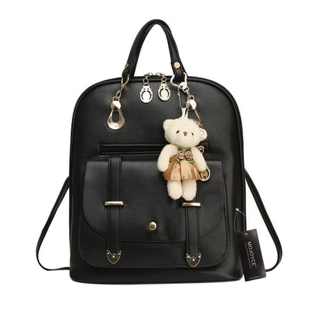 

TBOLINE Women Student Preppy Style Cute Bear Pendant Bookbag Backpack(Black)