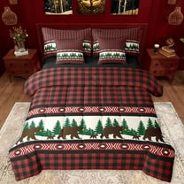 Manfei Wild Bear 7-Piece Twin Bedding Sets,Modern Geometric Plaid Bedding Comforter Set,Jungle Animal Sheet Sets For Boys Teens,Ultra Soft Home Decor Reversible