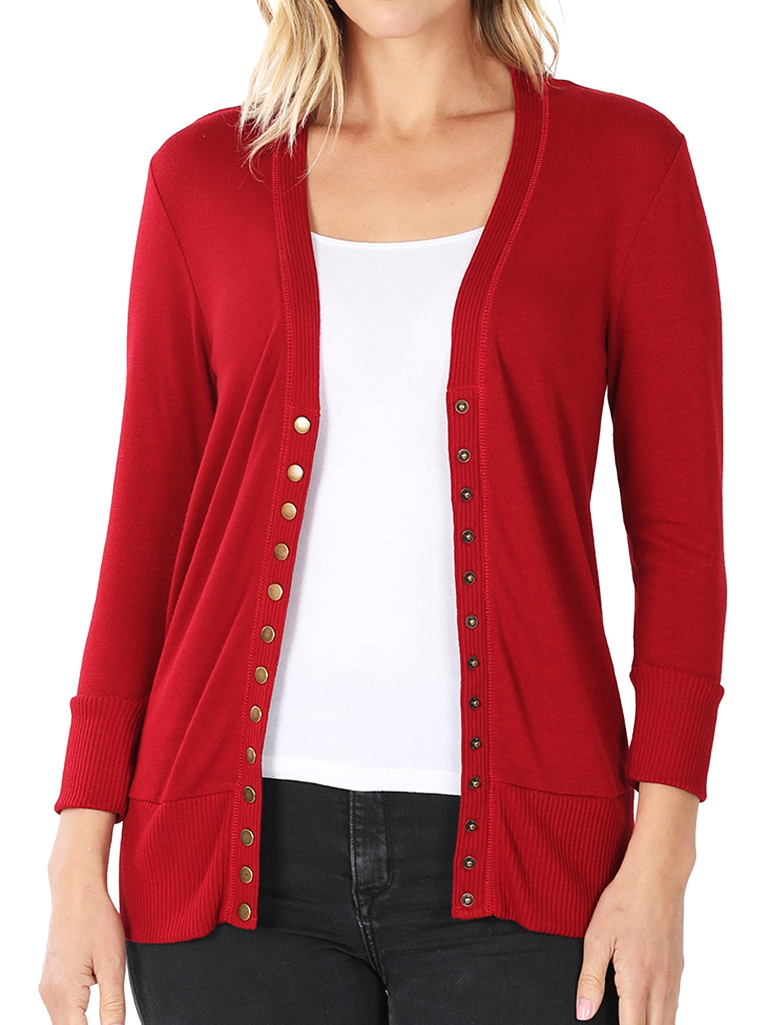 Zenana Women \u0026 Plus Front V-Neck Classic Thin Snap Button Down 3/4 Sleeve Ribbed Knit Cardigan, Women's, Size: Small, Gold