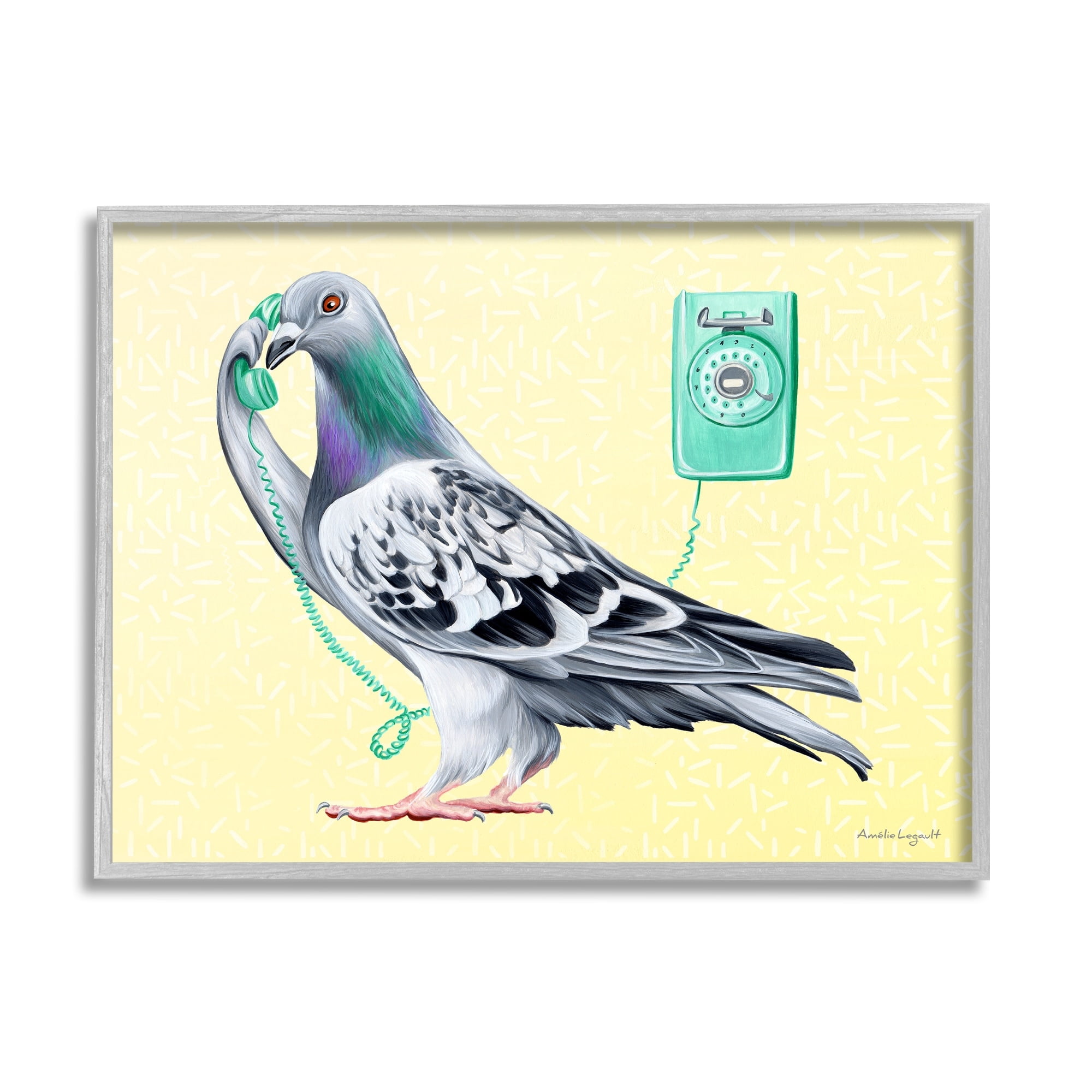 Stupell Industries Pastel Pigeon Vintage Phone Call Yellow Background Graphic Art Gray Framed Art Print Wall Art, Design by Amelie Legault