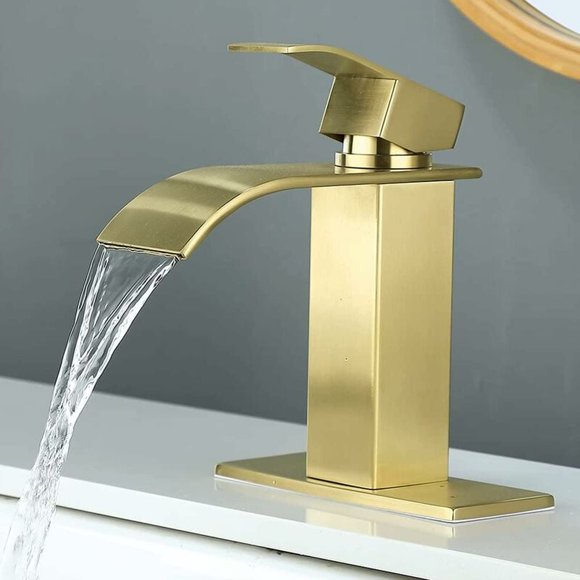 Modern Brushed Gold Faucet, Waterfall Spout Design Single Handle Bathroom Sink Mixer Tap for Elegant and Efficient Water Control