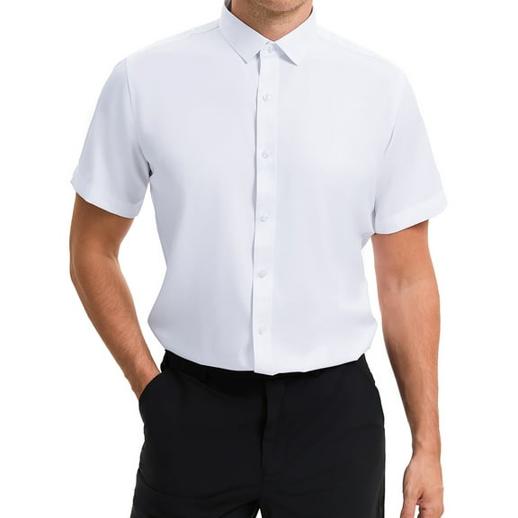 INSPIRE CHIC Mens Short Sleeve Dress Shirts Stretch Lightweight Business Solid Formal Button Down Shirts S White