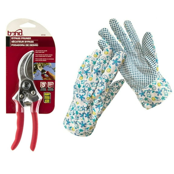 Bond Carbon Steel Bypass 8" Pruner with Garden Women's Floral Gloves, Blue