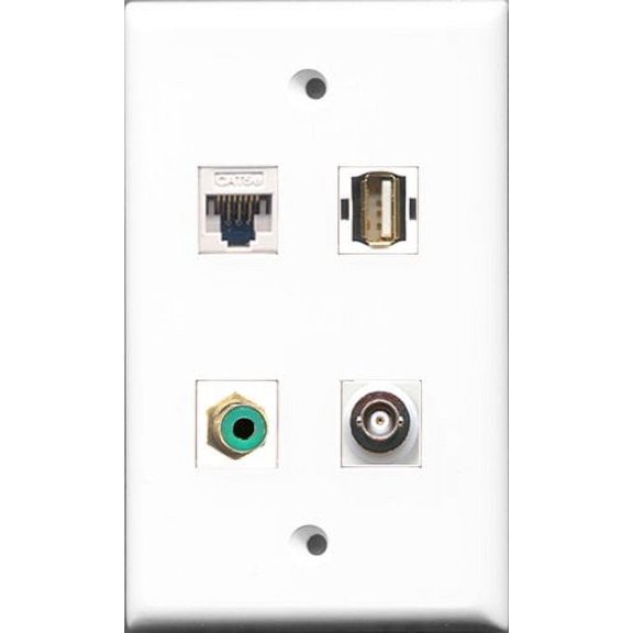 RiteAV 1 Port RCA Green and 1 Port USB A-A and 1 Port BNC and 1 Port Cat5e Ethernet White Wall Plate