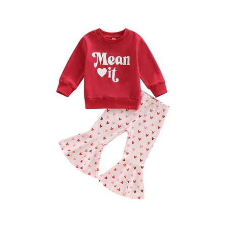 

Licupiee Baby Girls Valentine Day Outfits Letter Print Round Neck Long Sleeve Sweatshirts Tops+Heart Print Flare Pants 2Pcs Set