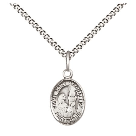 .925 Sterling Silver Saint Mary Magdalene Medal Pendant on 18 Inch Rhodium Plated Lite Curb Brass Chain with Lobster Claw Clasp, Catholic Religious Necklace - Made in USA- Velvet Gift Box