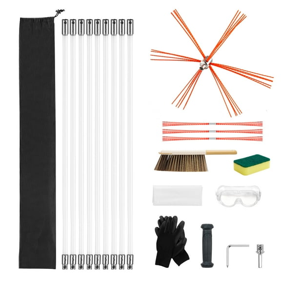 KFFKFF 30 ft Extendable Chimney Cleaning Kit with Bristle Replacements & Goggles, Flexible Design for 90° Angles, Suitable for Square and Rectangular Chimneys