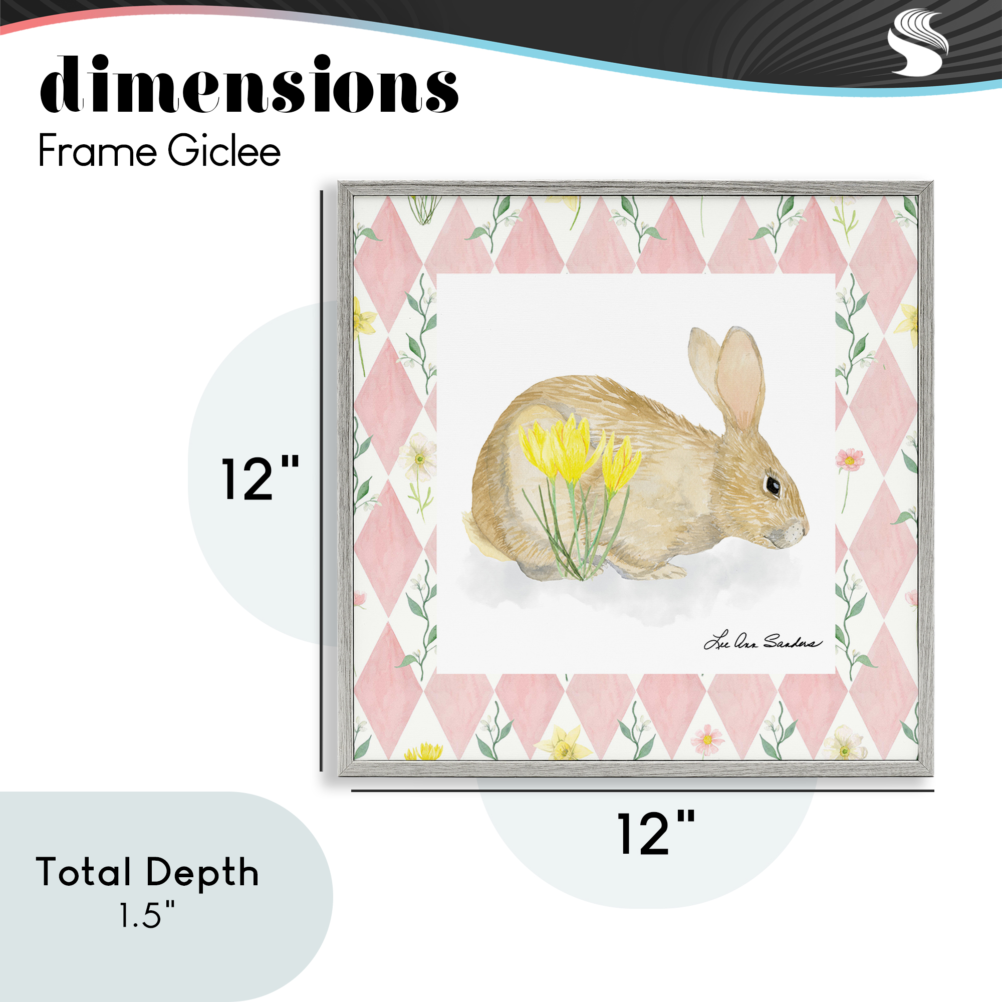 Buttercup Bunny on Pink Argyle Gray Framed Giclee Art, design by Lee Ann Sanders