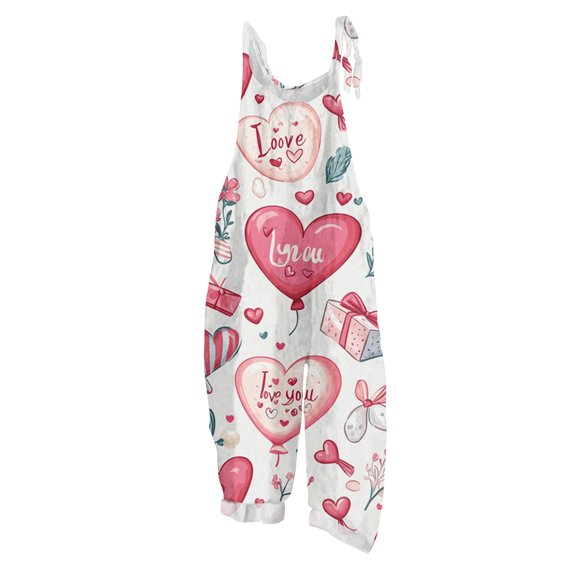 Fgvctg Valentine's Day Womens Jumpsuit Wide Leg Pant Comfy Love Heart Print Overall Sleeveless Romper Date Night Spaghetti Straps Jumpsuits Plus Size Bib Overalls Sprimg Clothing With Pockets Pink M