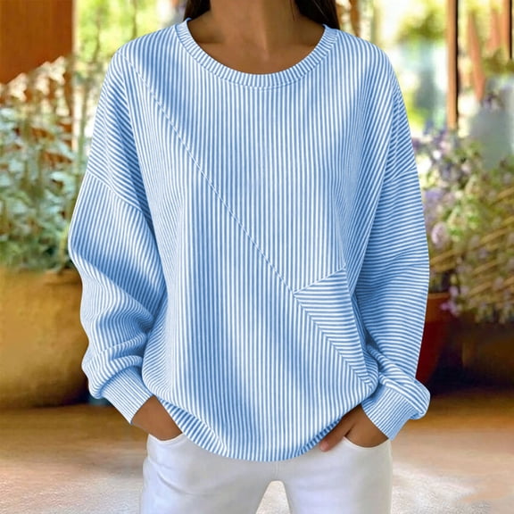 Women's Striped Crewneck Sweatshirt Oversized Long Sleeve Pullover Hoodless Tops Loose Casual Loungewear Light Blue XXL