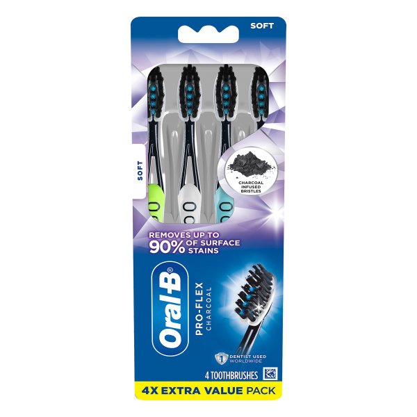 OralB ProFlex Charcoal Manual Toothbrush, Soft, 4 Count