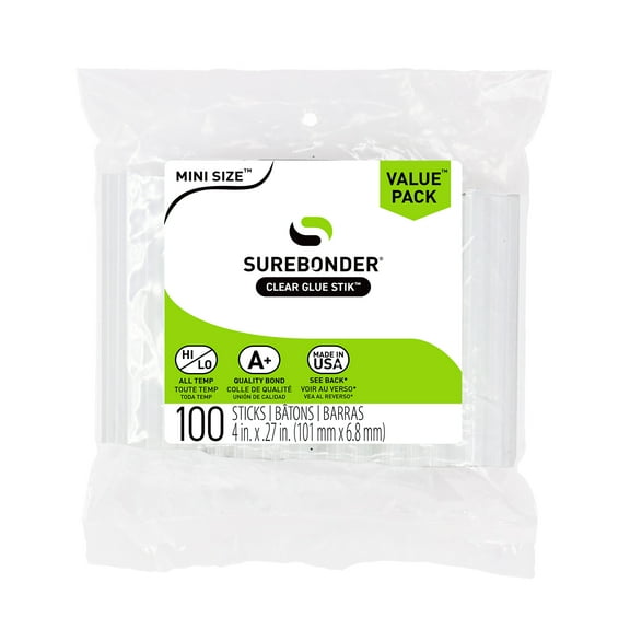 Surebonder Mini Size Hot Glue Sticks for Mini Glue Guns - All Purpose, All Temperature - Great for DIY, Arts, and Crafting - 100 Pack, Clear