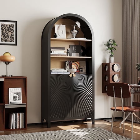 MINESTIA 61" arched bookcase, 5-Tier Farmhouse wooden arched cabinet with doors for Living Room Bedroom
