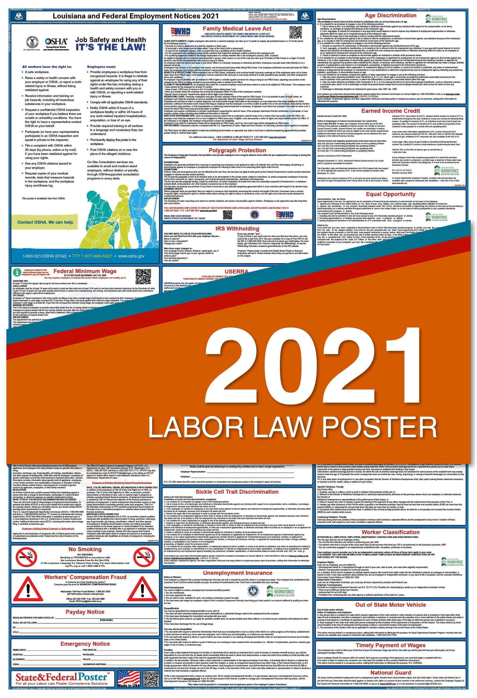 2021 Louisiana State and Federal Labor Law Poster (Laminated) Walmart