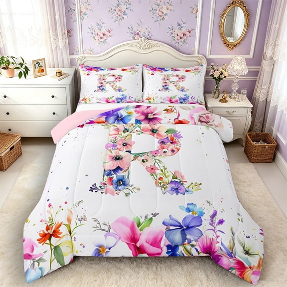 Castle Fairy Floral Letter R Full Size Comforter Sets 3 Pieces for Adults,Spring Garden Bedding Sets for Bedroom,Pink Reversible
