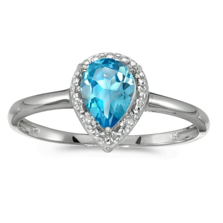 Blue Topaz Pear Ring - 10k White Gold Pear Blue Topaz And Diamond Ring
