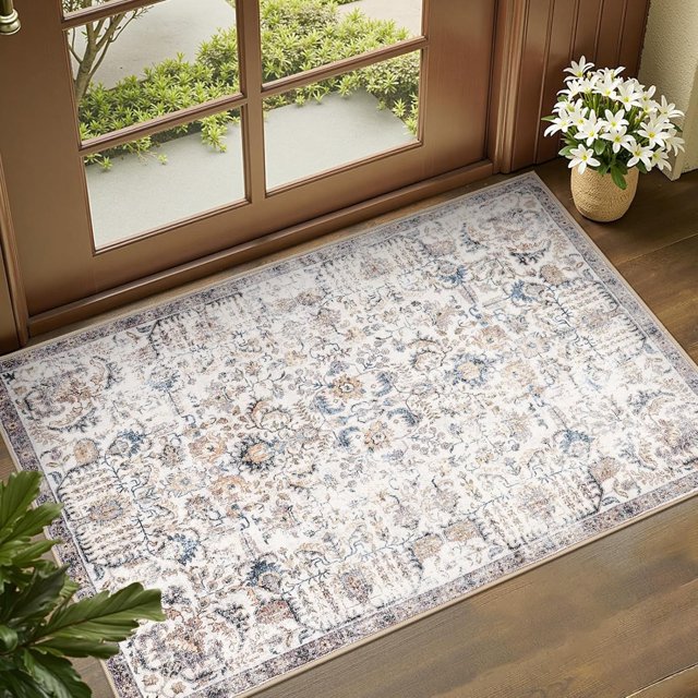 Area Rug x Vintage Rug Indoor Washable Rug Retro Accent Rug Distressed Carpet Multi Floral Print Country Boho Rug Non Slip Kitchen Bedroom Living Room Dining Room Office