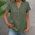 thumbnail image 2 of Hecho para Más Camisa Mujeres Cuello en V Suelto Ajuste Botón Sólido Abajo Blusas Manga Larga Casual Tops de Verano, 2 of 9