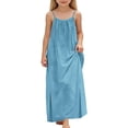 thumbnail image 2 of Girls Summer Print Dresses Flowy Spaghetti Strap Bow Ruched Waist Casual A-Line Sundress Light Blue 12-13 Years, 2 of 6