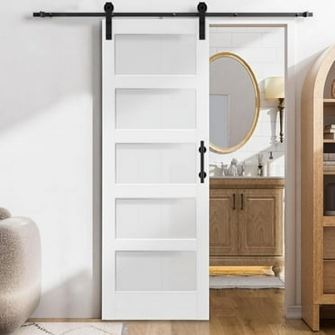 30 in. x 84 in. Unfinished Sliding Barn Door with 5FT Barn Door Hardware Kit & Handle， 5 Panel Tempered Glass Requires Simple DIY Assembly