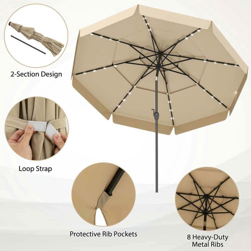 Spaco 10 Feet Solar Patio Umbrella with 3-Tier Vented Top, Outdoor Shade, Beige