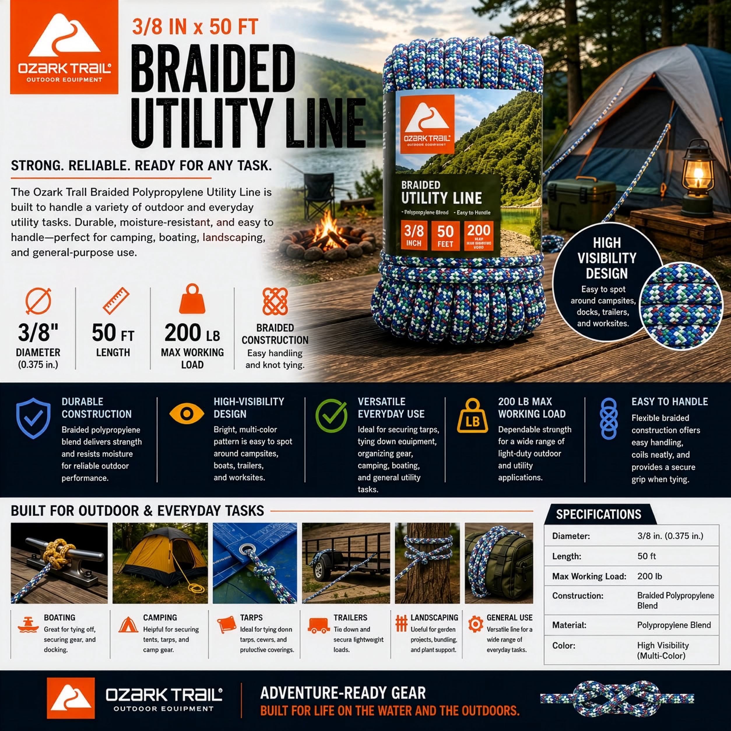 Ozark Trail Braided Polypropylene Utility Line, 3/8 in x 50 ft, High Visibility, 200 lb Maximum Working Load