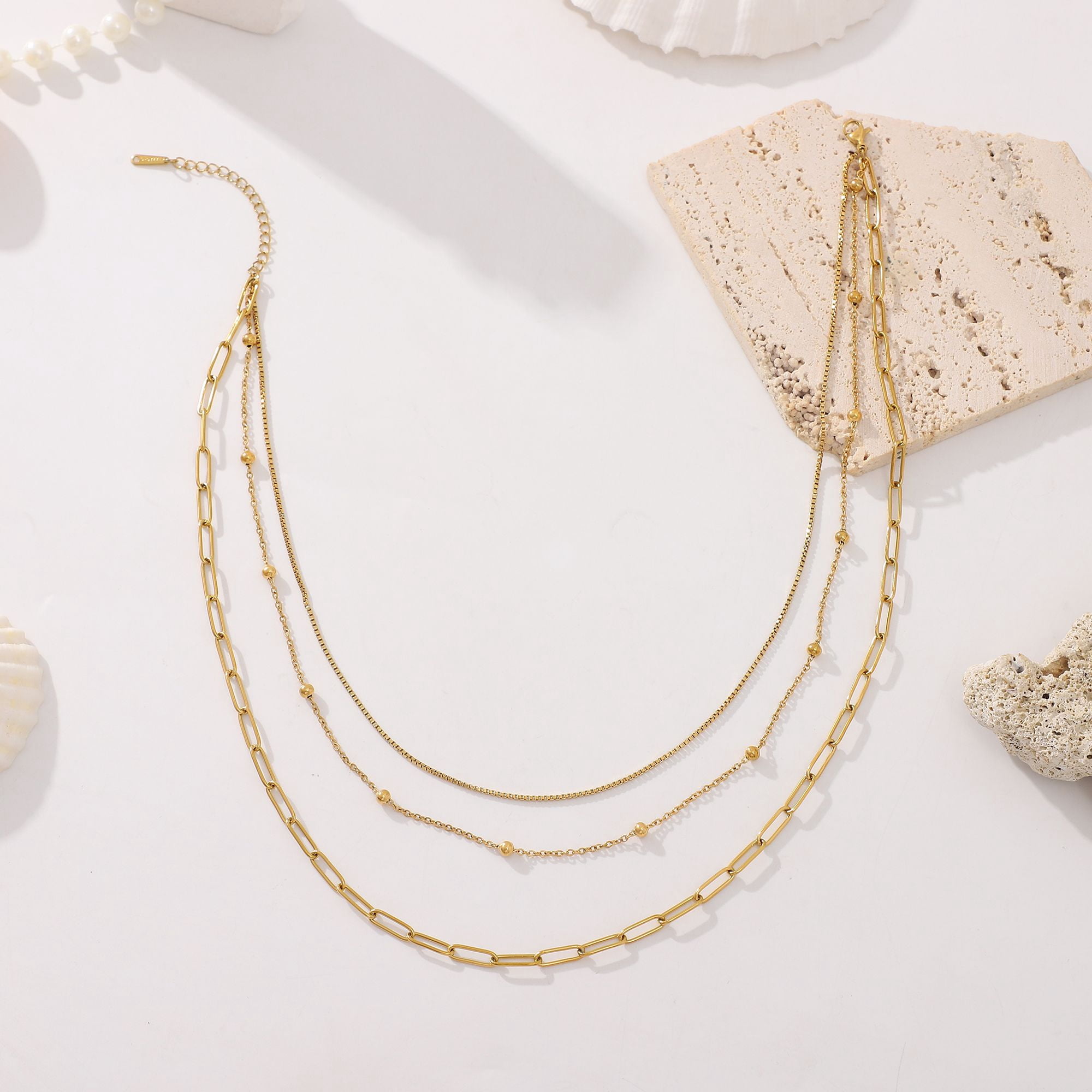 Layered Chain Necklace for Women by Ginger Lyne Gold Plated Stainless Steel Box Bead and Paperclip Chains