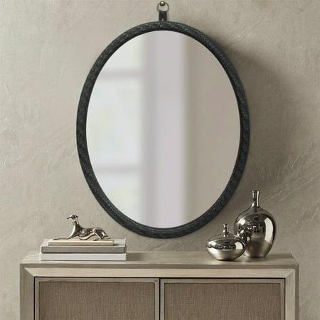 

Oval Black Woven Grain Decorative Wall Hanging Mirror PU Covered MDF Framed Mirror for Bedroom Living Room Vanity Entryway Wall Decor 23.62x29.92inch