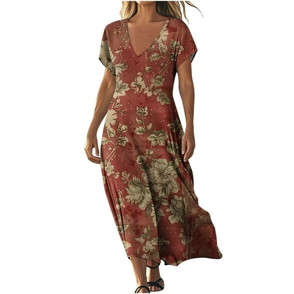 LOVZFMLL Summer Dresses for Women V Neck Short Sleeve Swing Flowy Maxi Dresses Loose Casual Beach Vacation Floral Boho Dresses Red L