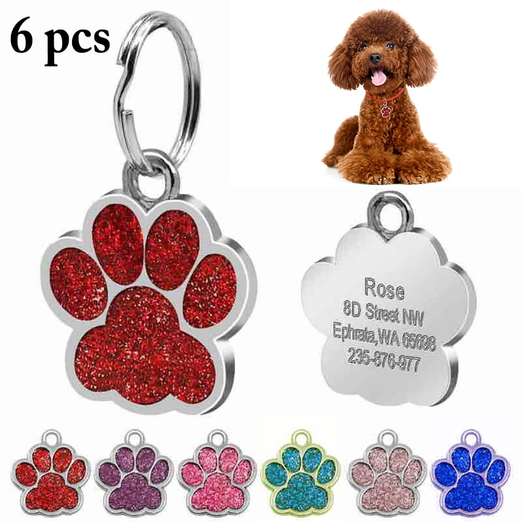 Personalized Dog Tags Glitter Paw Print Free Name Phone Number Engraved & Bell 