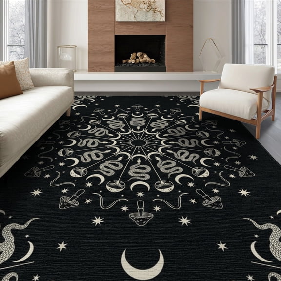 ODIKA 8'x10' Washable Area Rug Divination Mushroom Runway Round Circle Occult Gothic Snake Boho Playful for Dining Room, Large Office, Lounge, Non-Slip Chair-Friendly Mat
