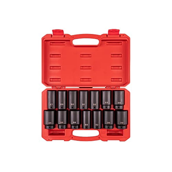 TEKTON SID92341 1/2 Inch Drive Deep Axle Nut Impact Socket Set 14-Piece 27-39 mm