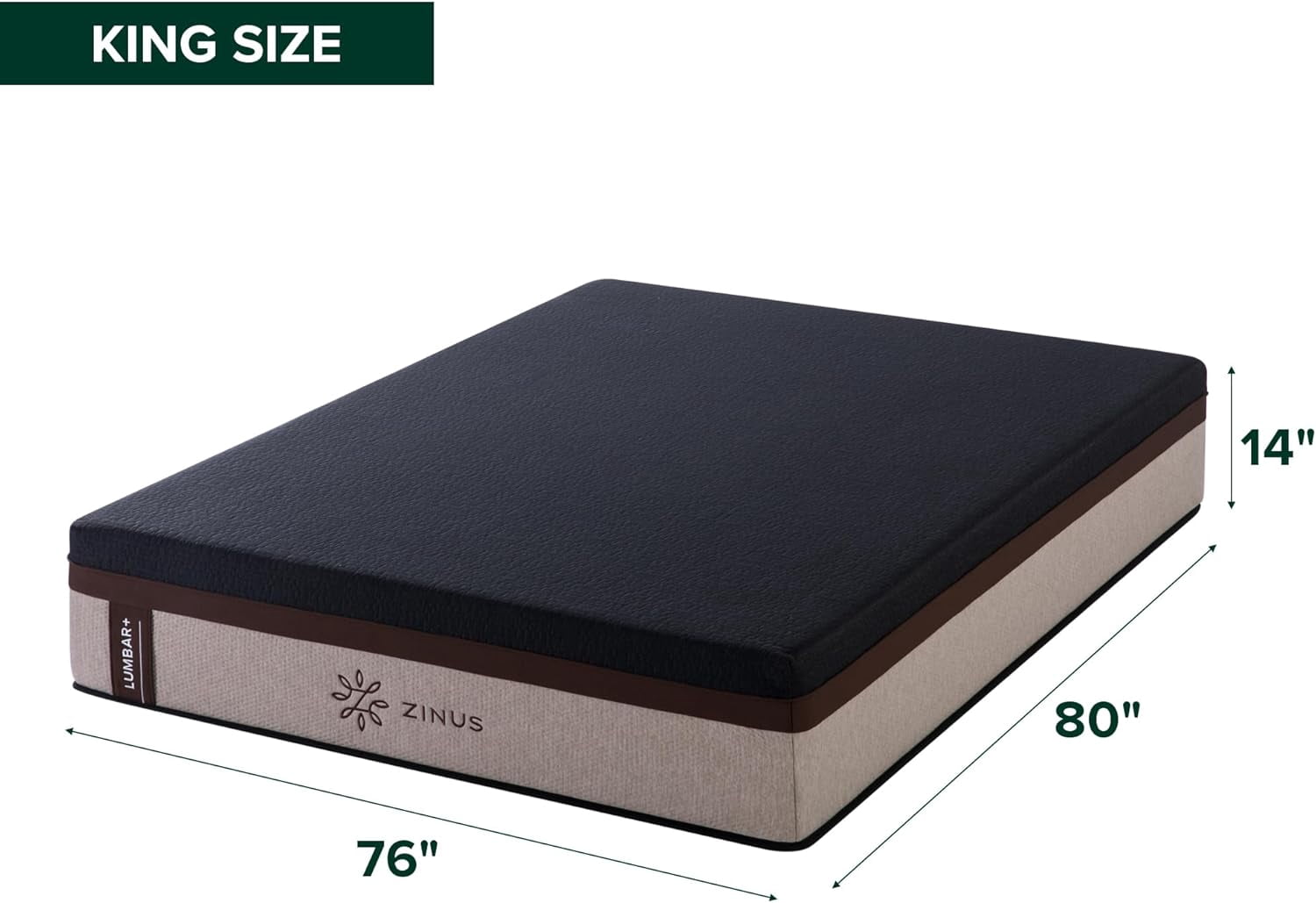 ZINUS 14 Inch Premium Lumbar + Support, King, Green Tea Memory Foam, Pressure Relief, Mattress in A Box