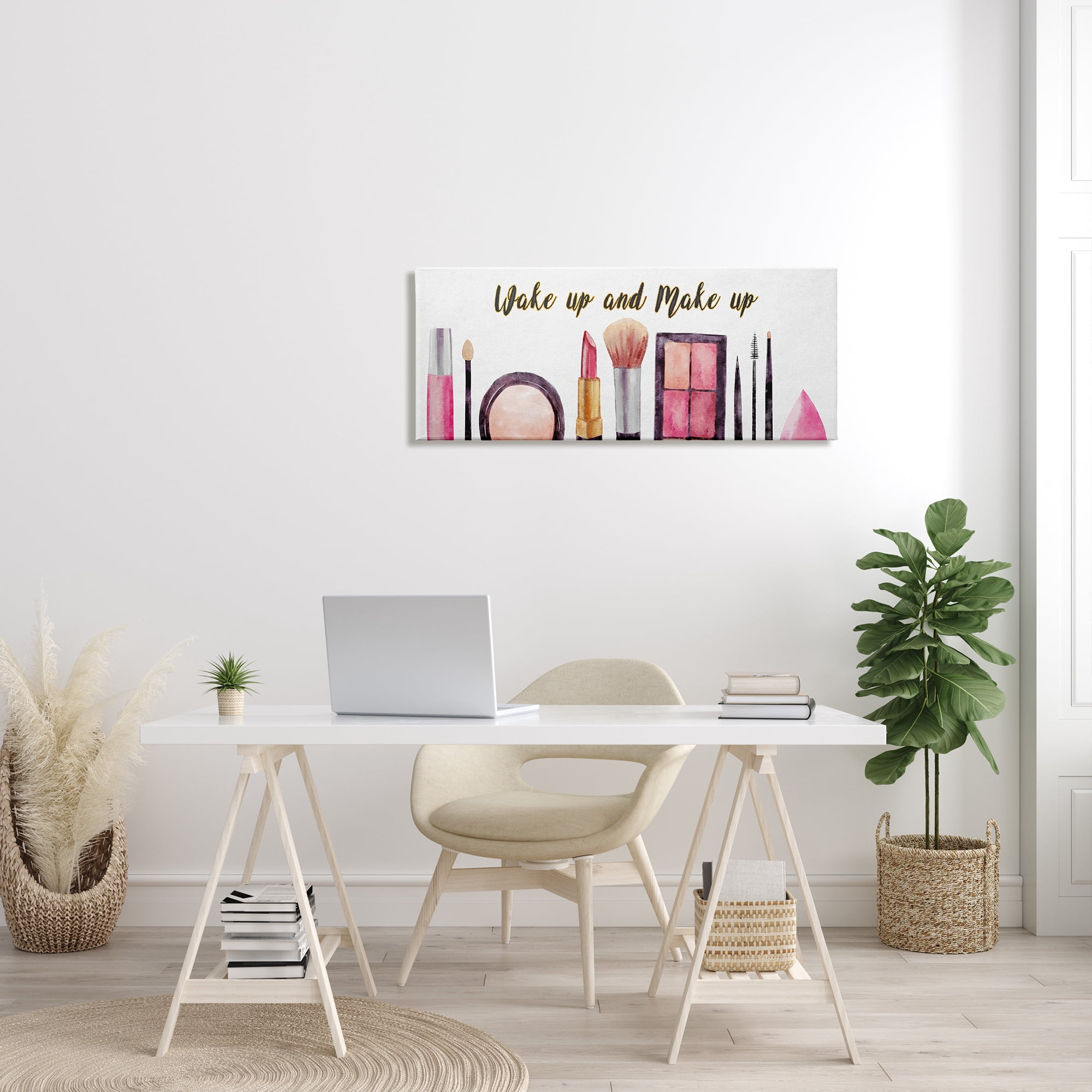 Stupell Industries Wake Up Make Up Watercolor Pink Grey Fashion Word Design, 17 x 40,Design by Ziwei Li