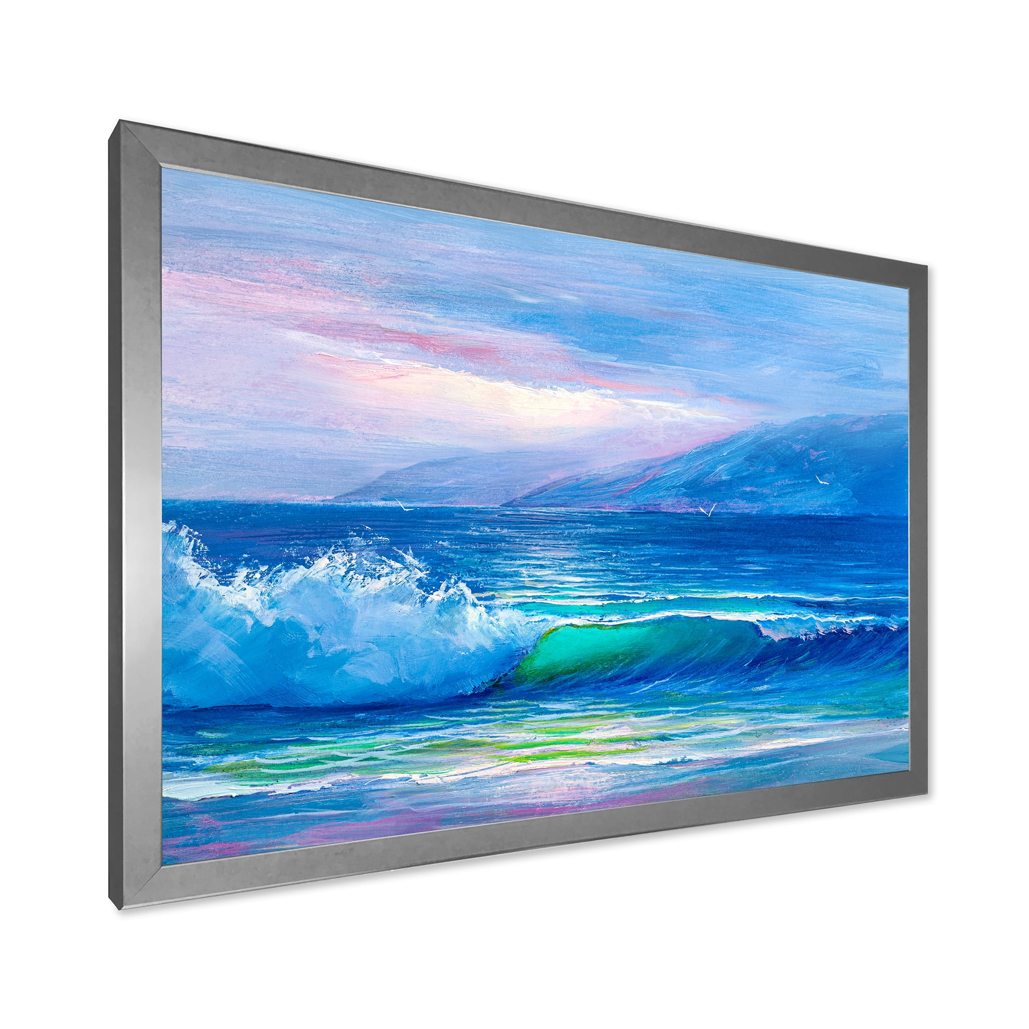 Designart 'Blue Waves Breaking At The Beach Landscape II' Nautical & Coastal Framed Art Print