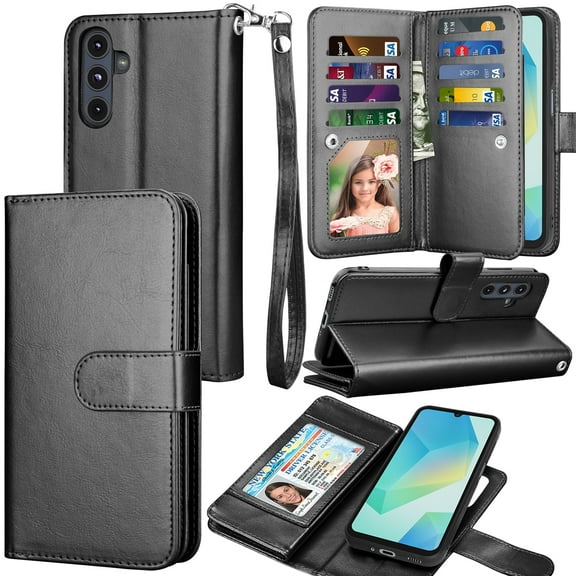 For Samsung Galaxy A16 5G Wallet Case with Credit Card Holder for Women Men, Flip PU Leather Wallet Phone Case for Galaxy A16, Tekcoo Detachable Magnetic Kickstand Cover with Wrist Strap, Black