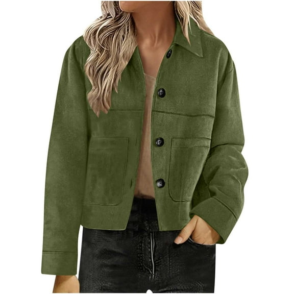 OGLCCG Women's Faux Suede Cropped Jacket Casual Lightweight Fall Winter Long Sleeve Button Down Coats Trendy Loose Fit Outerwear with Pockets,XL,Army Green
