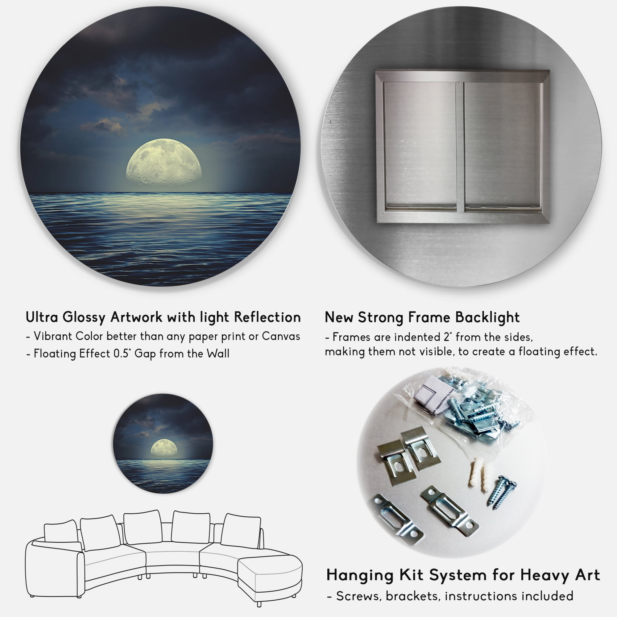 Designart 'Super Moon Over The Blue Sea' Nautical & Coastal Circle Metal Wall Art 36x36 - Disc of 36
