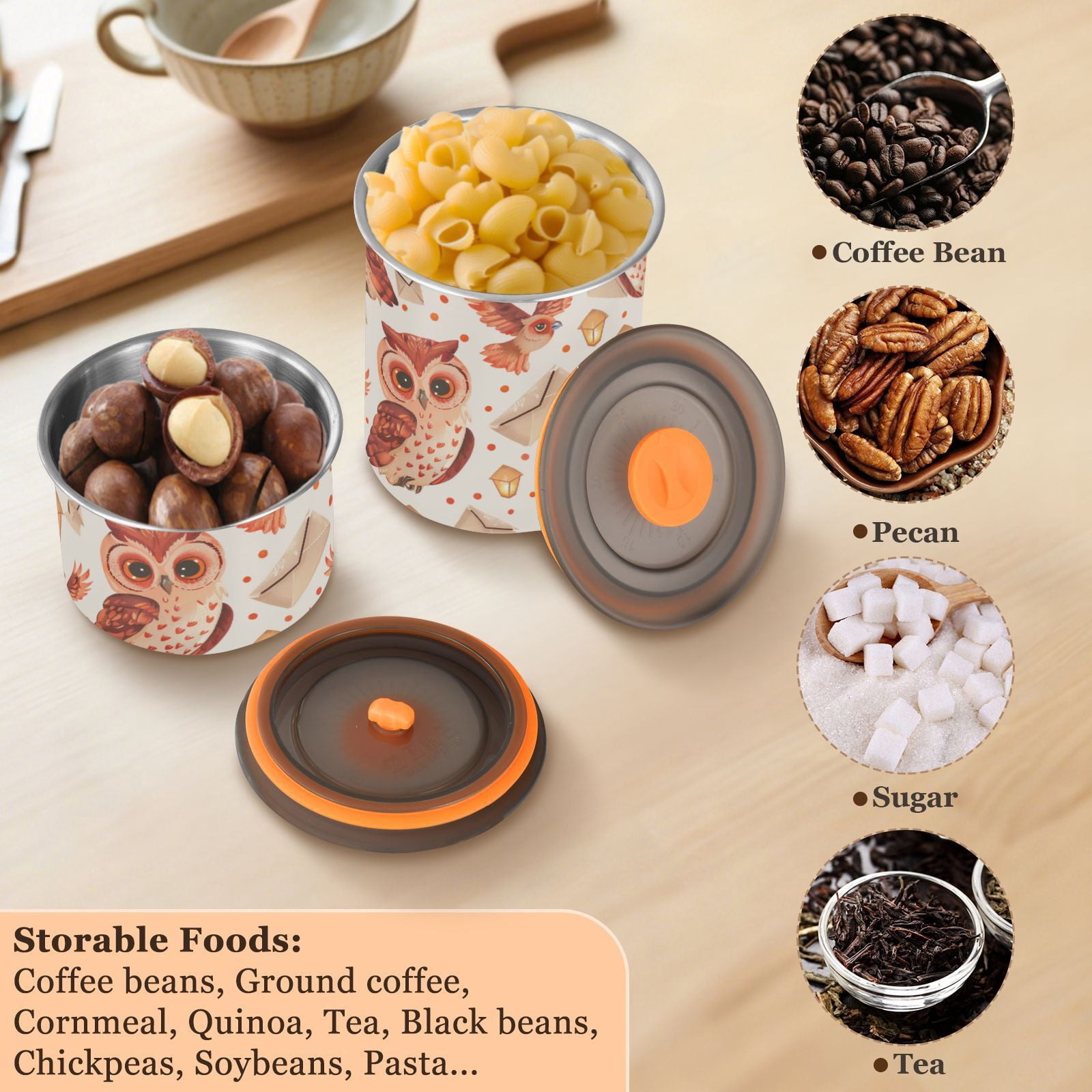 Owl Envelope Polka Dots Airtight Coffee Bean Canister 30oz Food Storage Containers with Lids For Gournd, Tea, Sugar, Flour, Rice, Cereal, Candy Cookie Jar